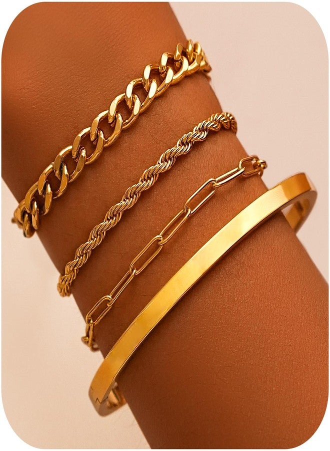 AamAccess Gold Bracelets for Women Trendy, 14K Gold Plated Stackable Adjustable Charm Paperclip Chain Cuban Link Layered Waterproof Jewelry Bracelet Set Gift (Fashion Decor 4) - Image 2